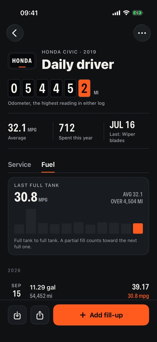 Fuel log: last full tank 30.8 mpg, a bar chart of recent tanks, and fill-ups with gallons and cost