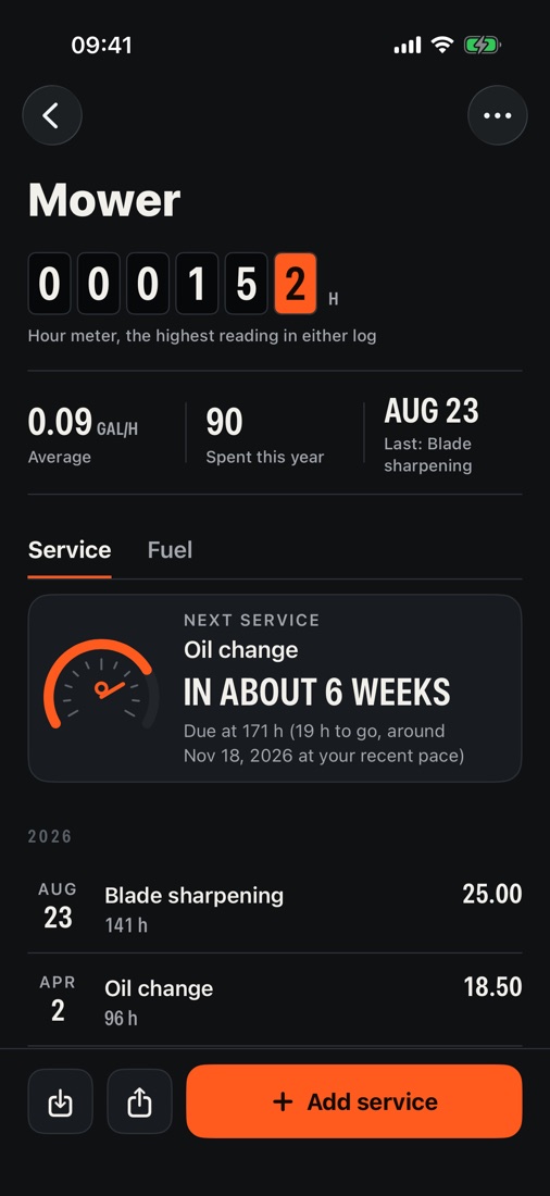 A mower logged on its hour meter, with the next oil change due in about six weeks