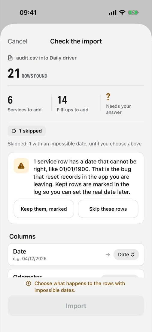 The import check: 21 rows found, 6 services and 14 fill-ups to add, and one row held back because its date reads 01/01/1900