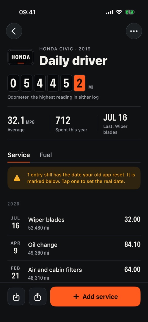Oilnote's service log for a 2019 Honda Civic: odometer 54,452 miles, 32.1 mpg average, and a list of services with dates and costs